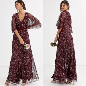 Maya Bridesmaid Delicate Sequin Wrap Maxi Dress in Wine Size 2